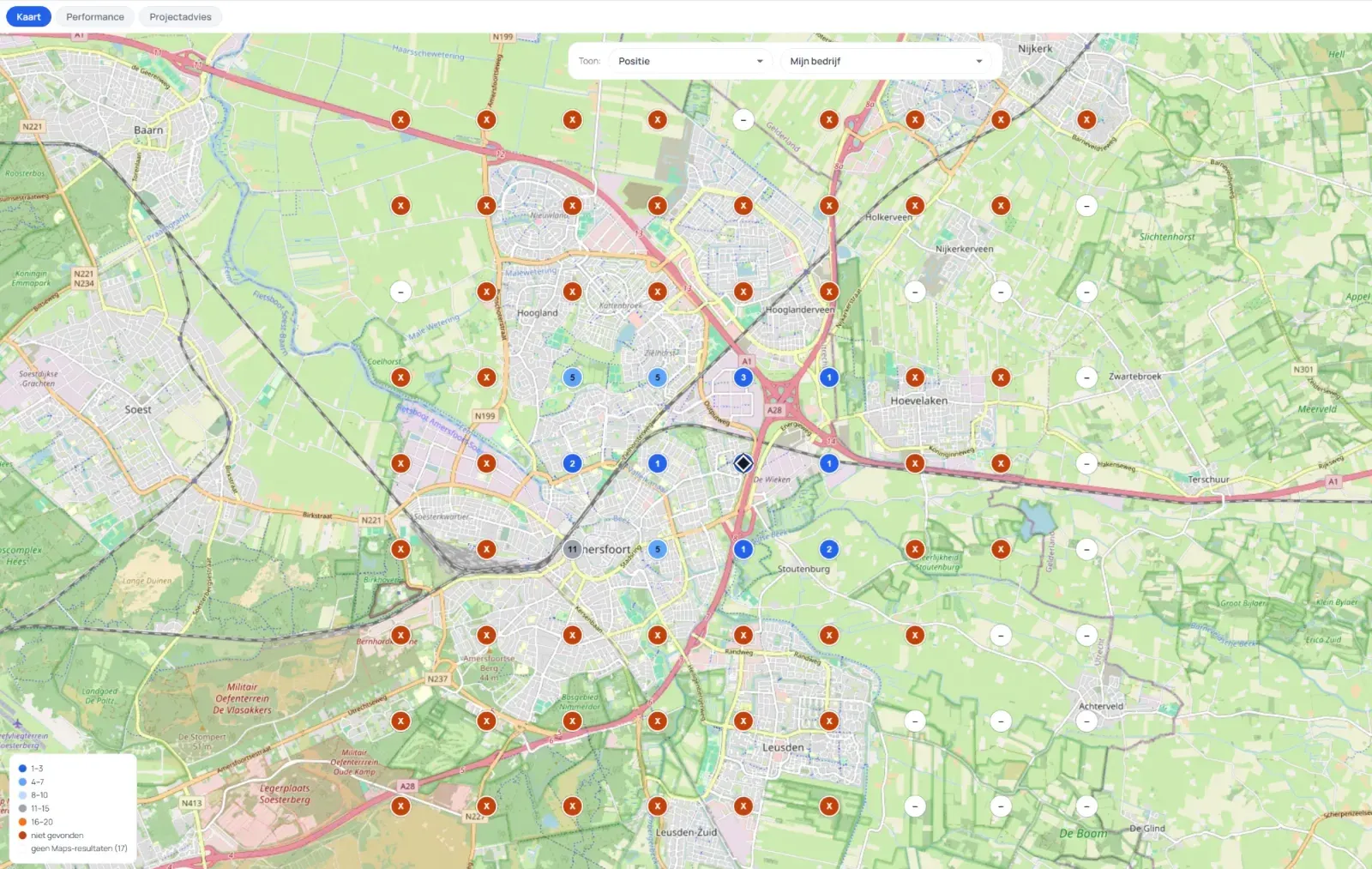 Raster van meetpunten over de kaart rond Amersfoort: dichtbij het bedrijf staat het profiel op positie 1 tot 5, een paar kilometer verderop wordt het niet meer gevonden