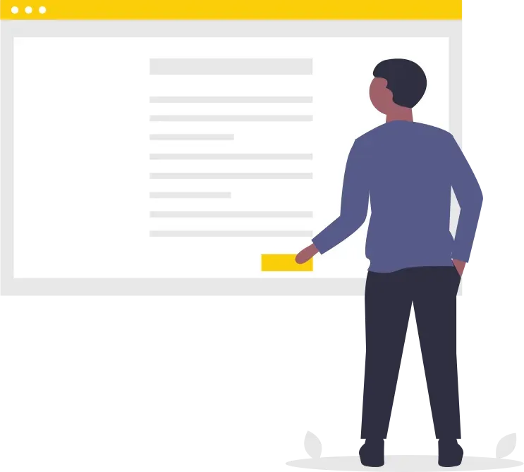 Illustratie van iemand die een webpagina met tekstblokken en een knop bekijkt