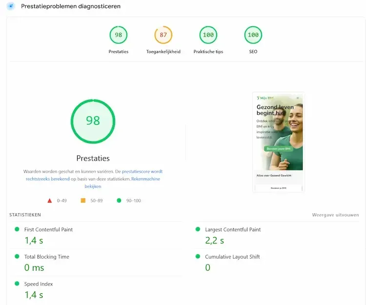 Voorbeeld van goede Core Web Vitals-scores