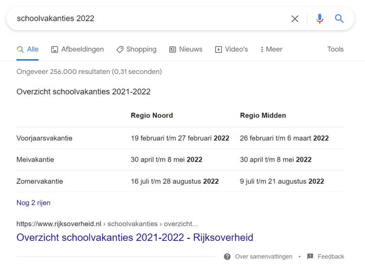 Featured snippet tabel in Google