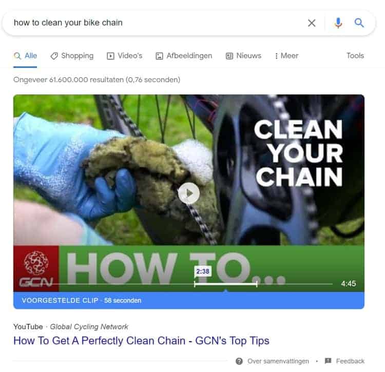 Een video featured snippet in google